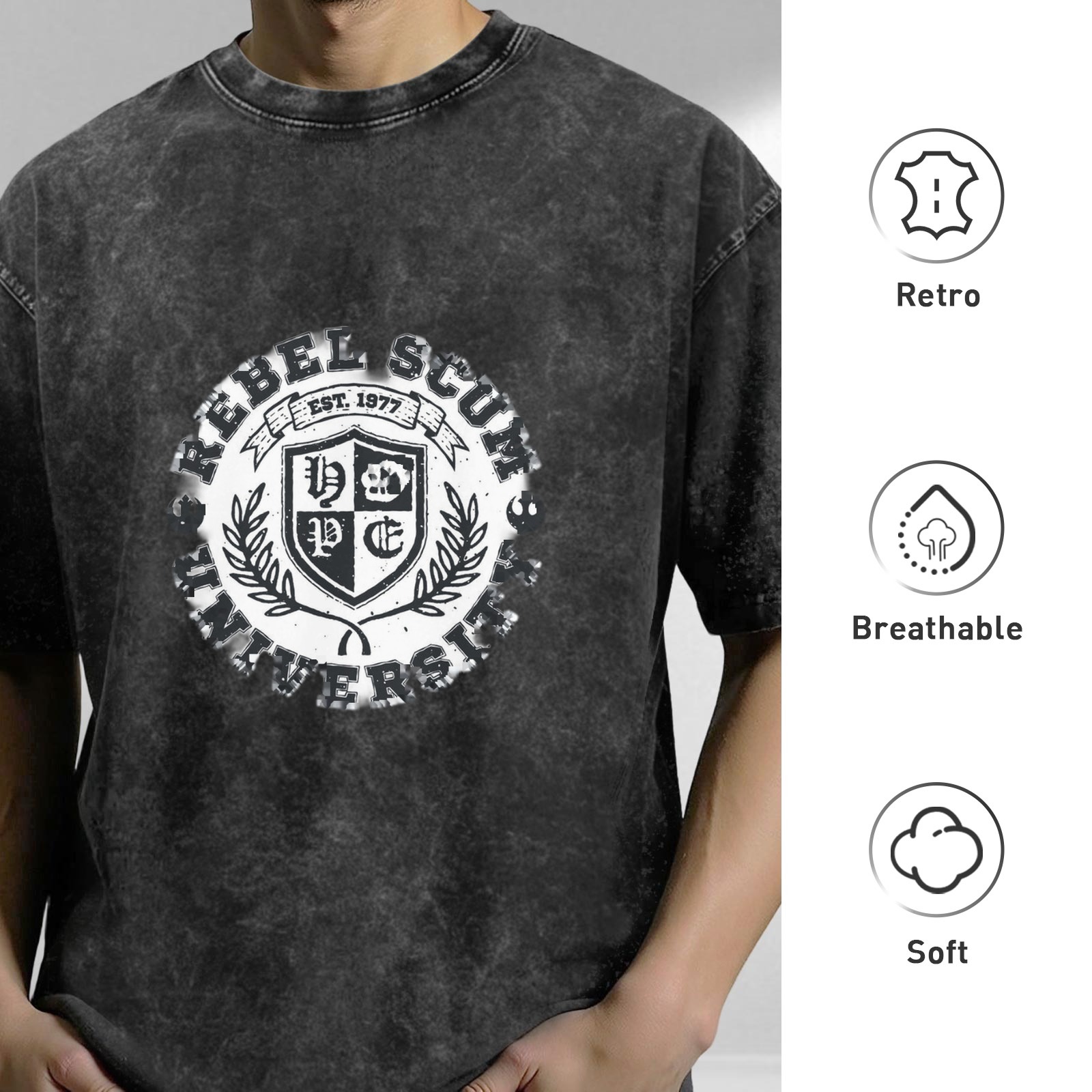 Washed Black Graphic T-Shirt With Rebel Scum University Crest Design