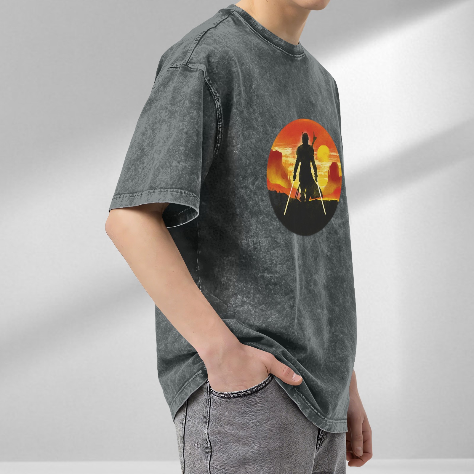 Washed Black T-Shirt with Mandalorian Sunset Silhouette Print