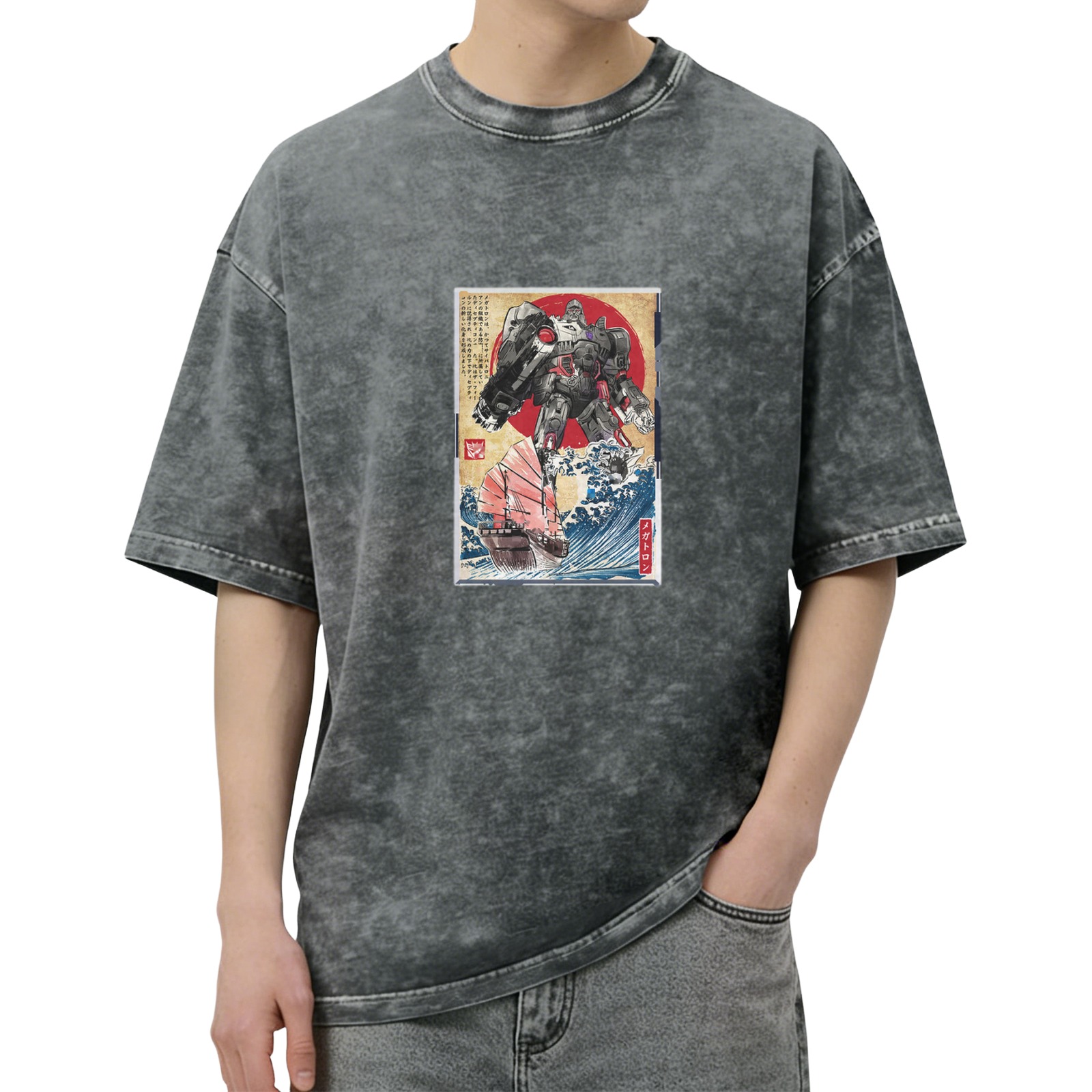 Oversized Acid Wash T-Shirt with Japanese Woodblock Style Robot Print