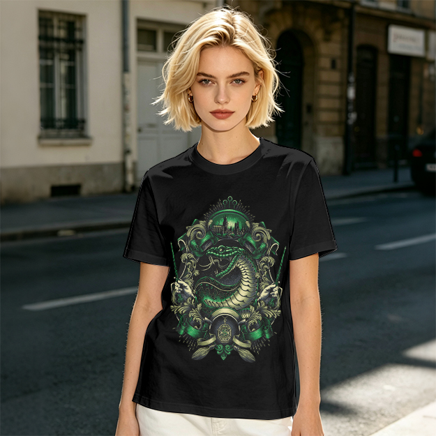 Olive Green T-Shirt With Serpent Crest Graphic Design