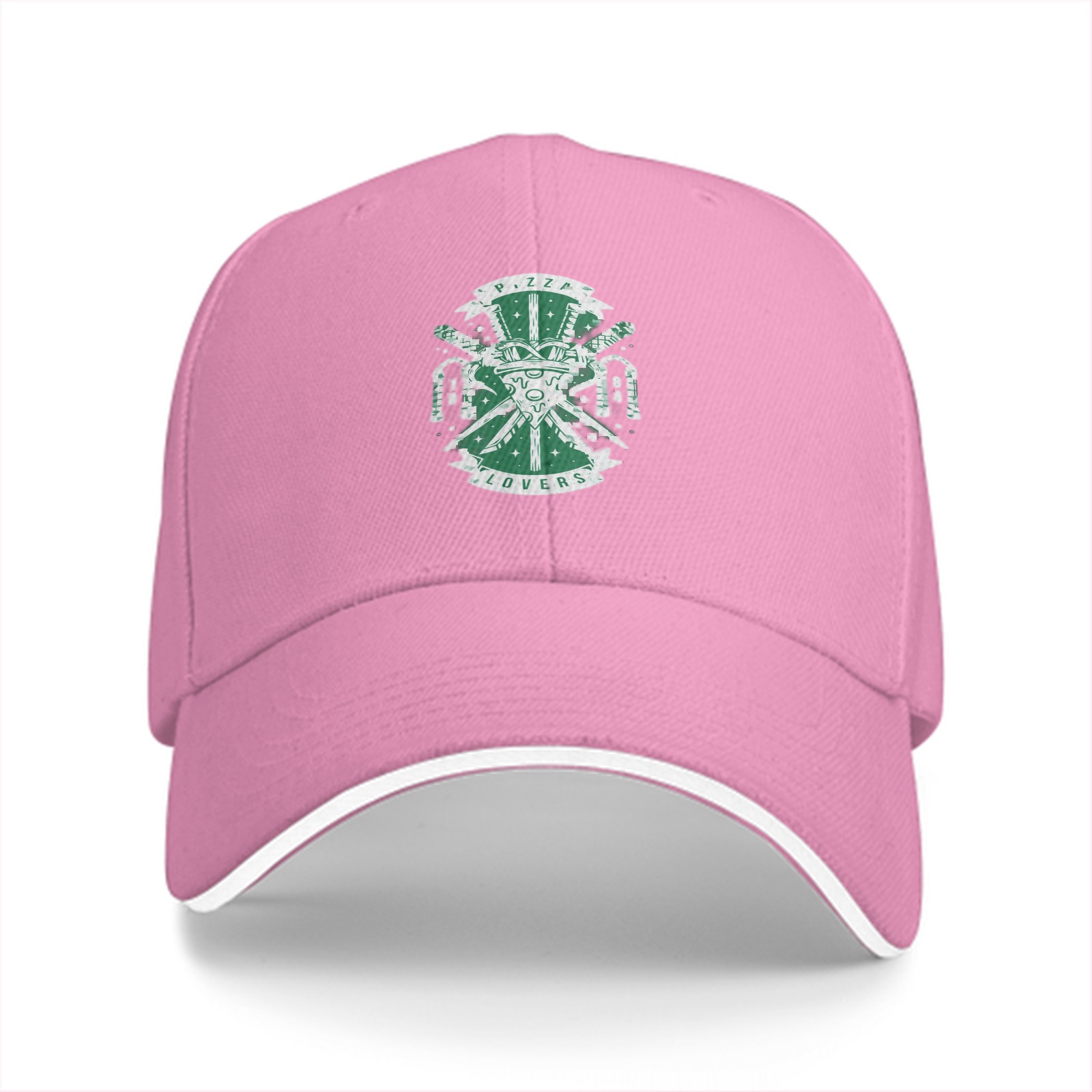 Black baseball cap with pizza lovers themed graphic print