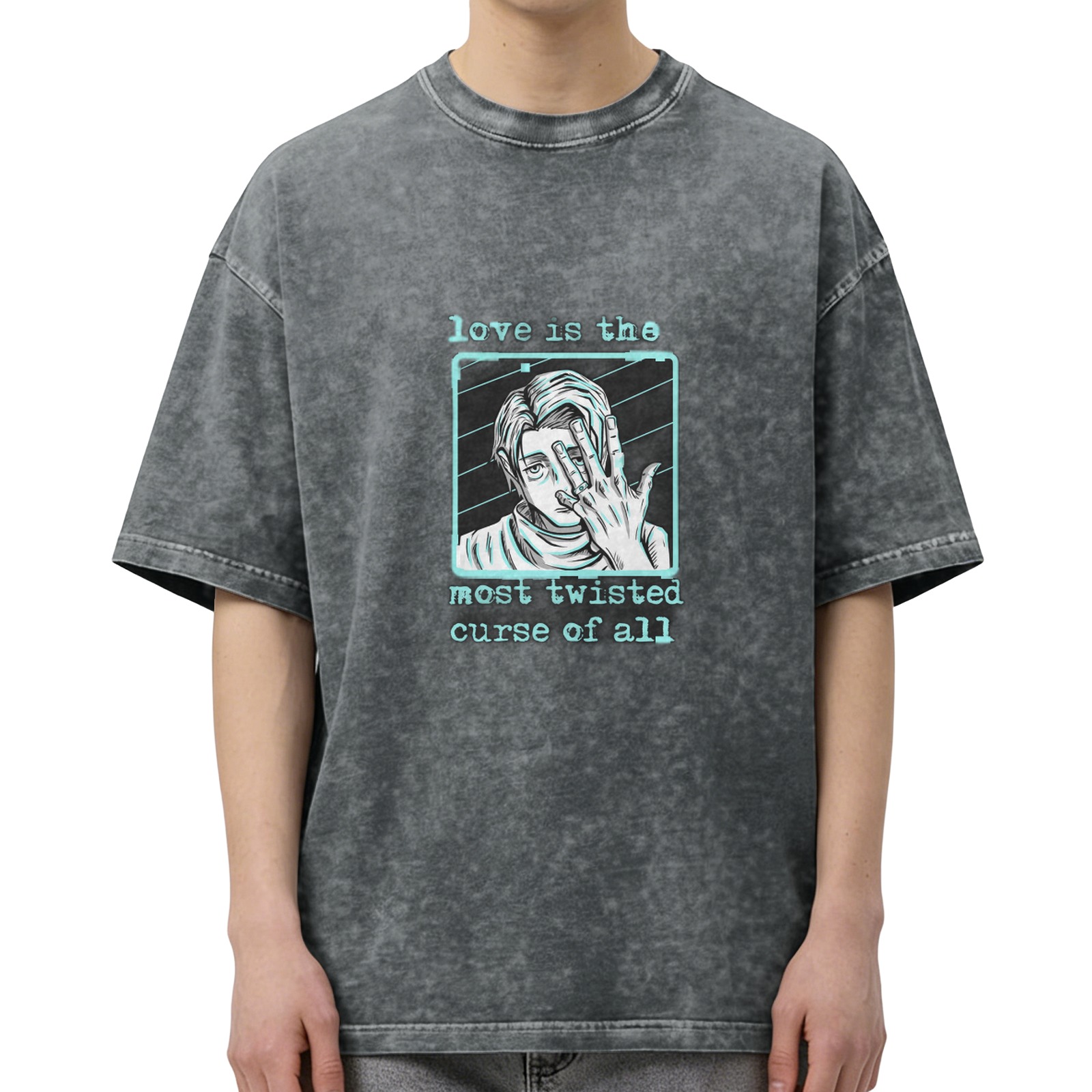 Anime graphic washed t-shirt with 'love is the most twisted curse of all' text
