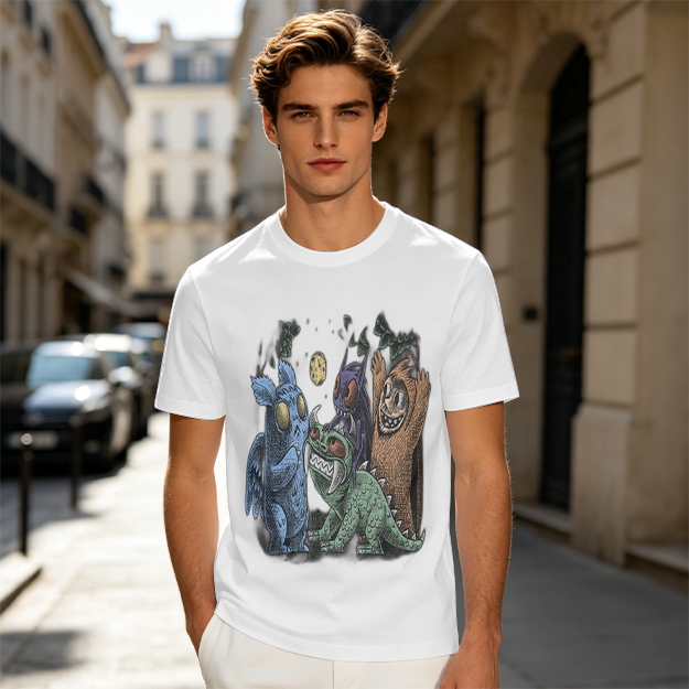 Olive Green T-Shirt With Whimsical Monster Crew Graphic Print