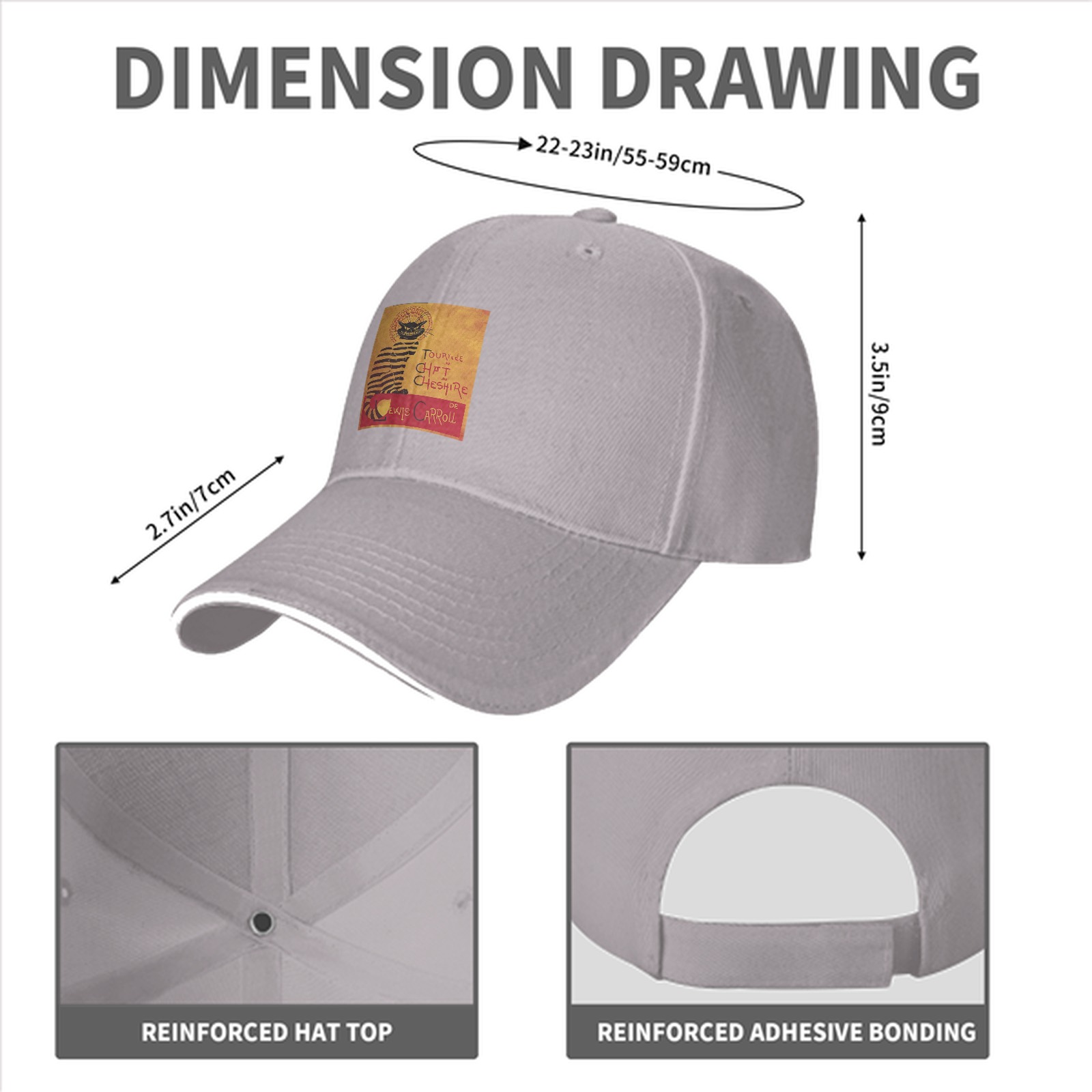Black Baseball Cap with Cheshire Cat Lewis Carroll Print
