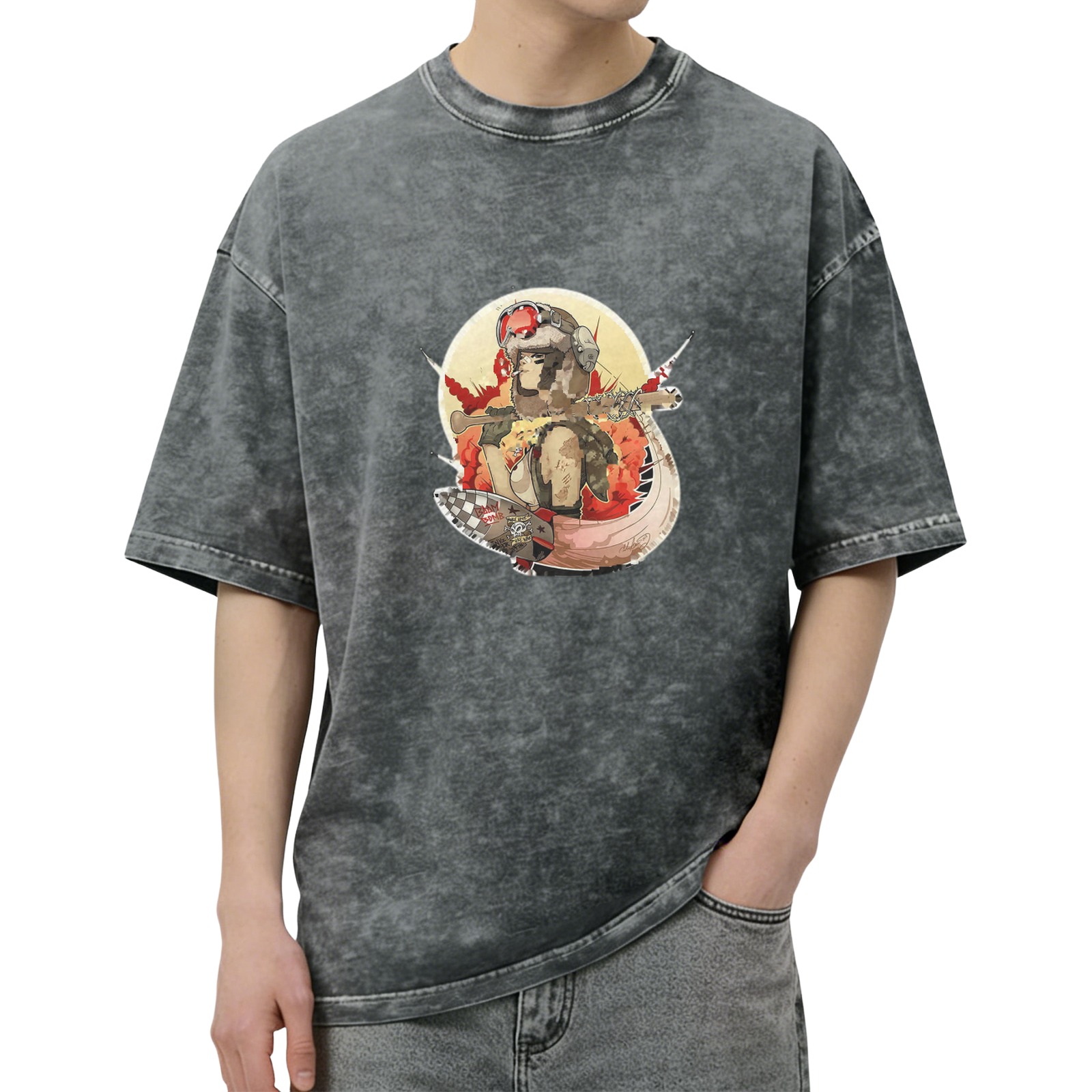 Oversized Acid Wash T-Shirt with Retro Pilot Graphic Print