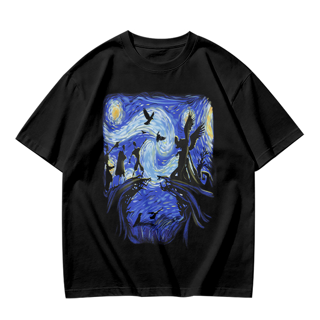 Olive T-Shirt with Starry Night Style Fantasy Art Print