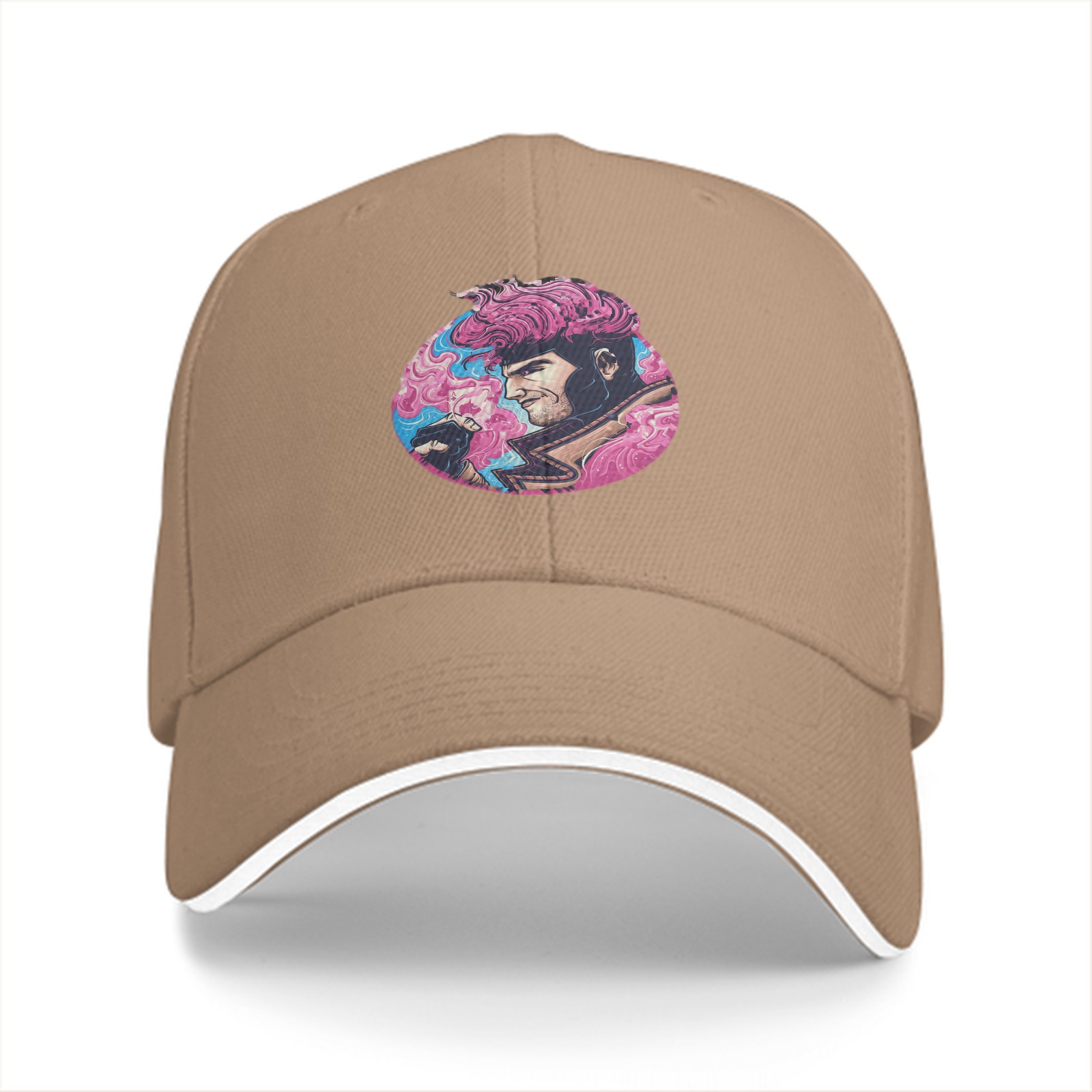 Black Baseball Cap With Pink Superhero Character Art Print