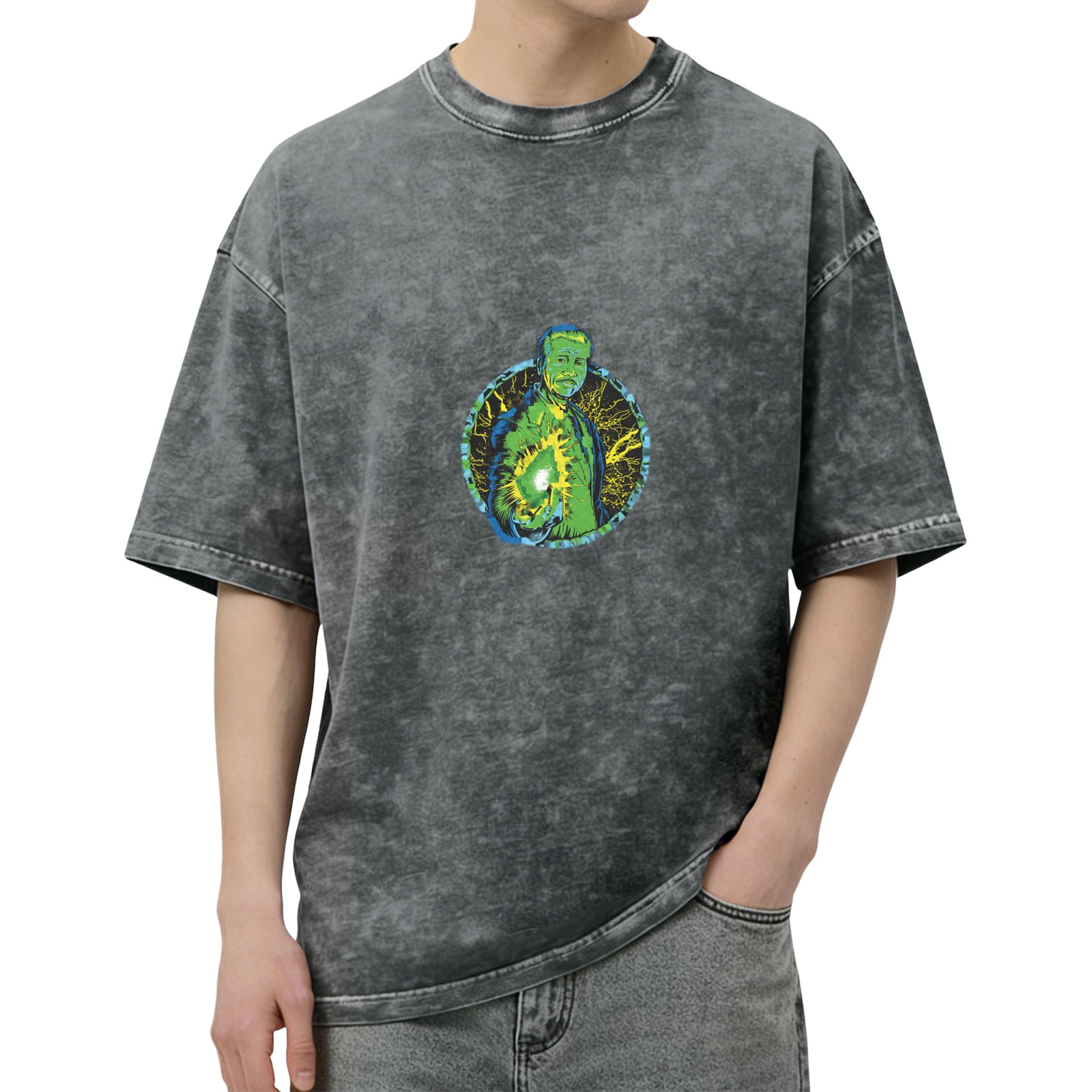 Oversized Acid Wash T-Shirt With Green Energy Figure Graphic