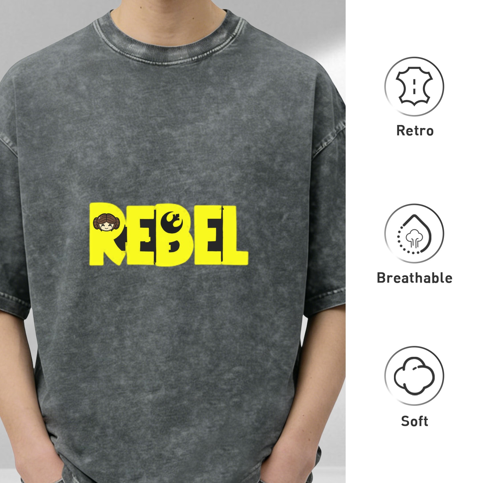 Washed Black Rebel Graphic T-Shirt with Princess Leia Art