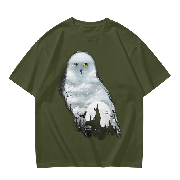 Olive Green T-Shirt With Snowy Owl Graphic Print