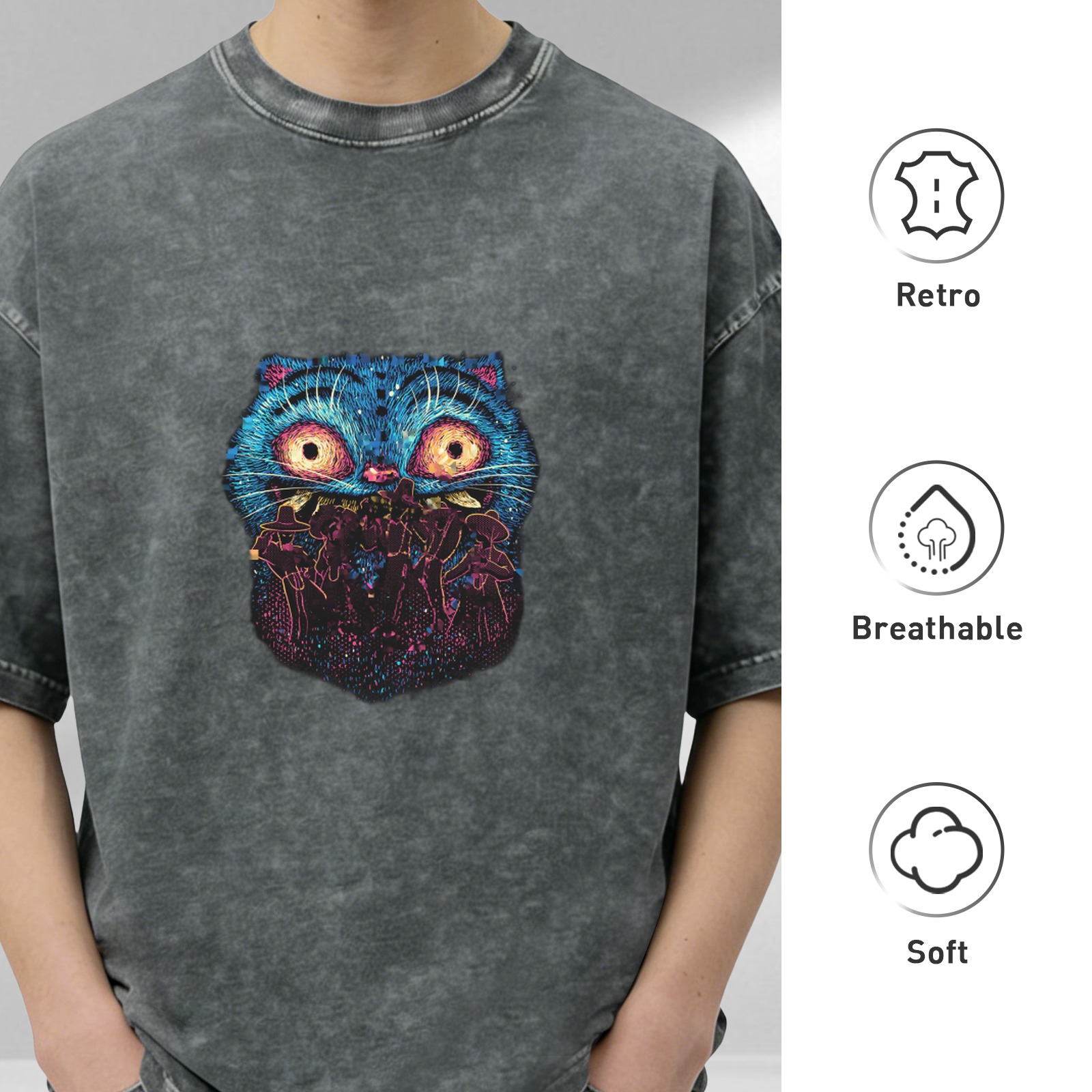 Oversized Acid Wash T-Shirt With Surreal Blue Cat Graphic