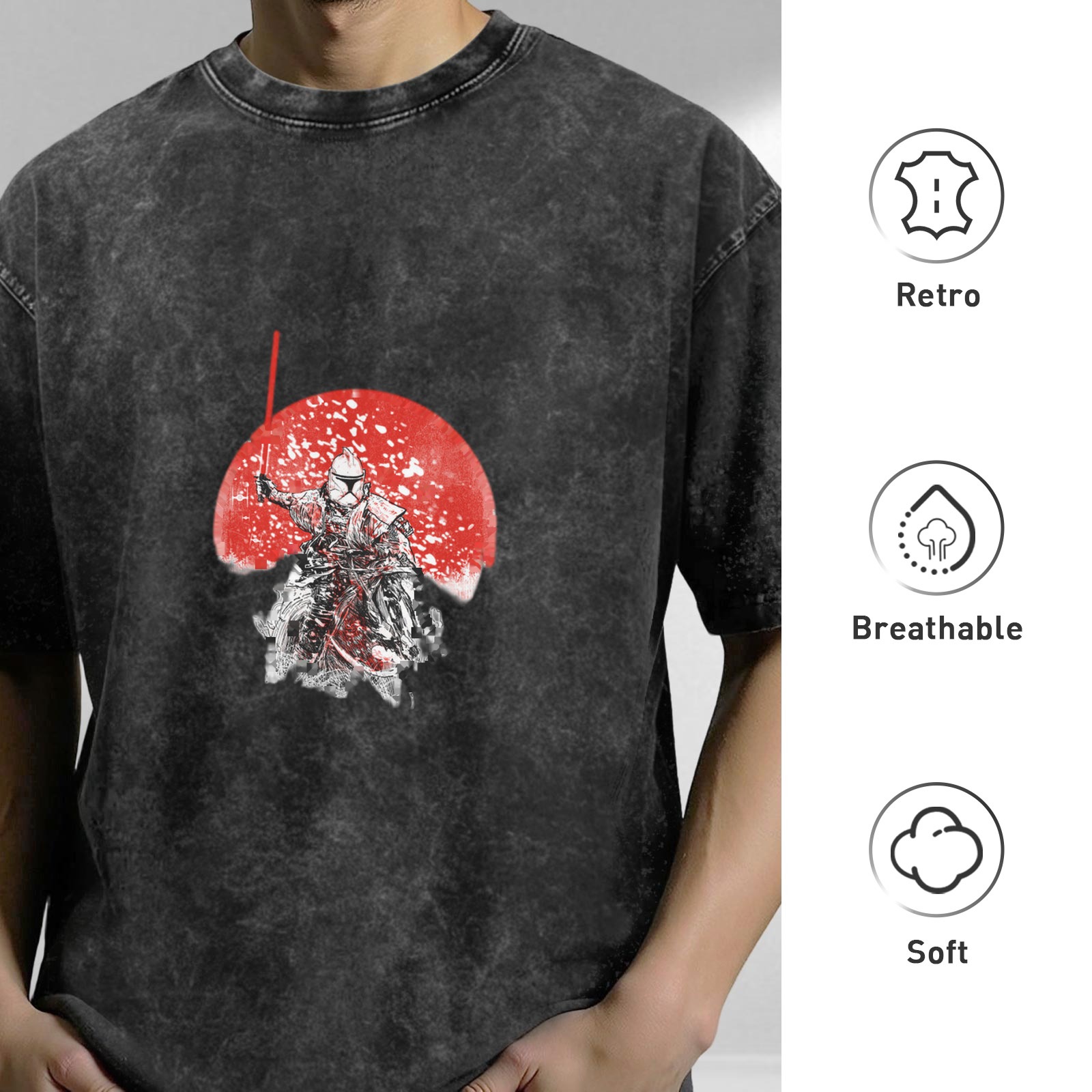 Washed black graphic t-shirt with samurai stormtrooper and red sun design