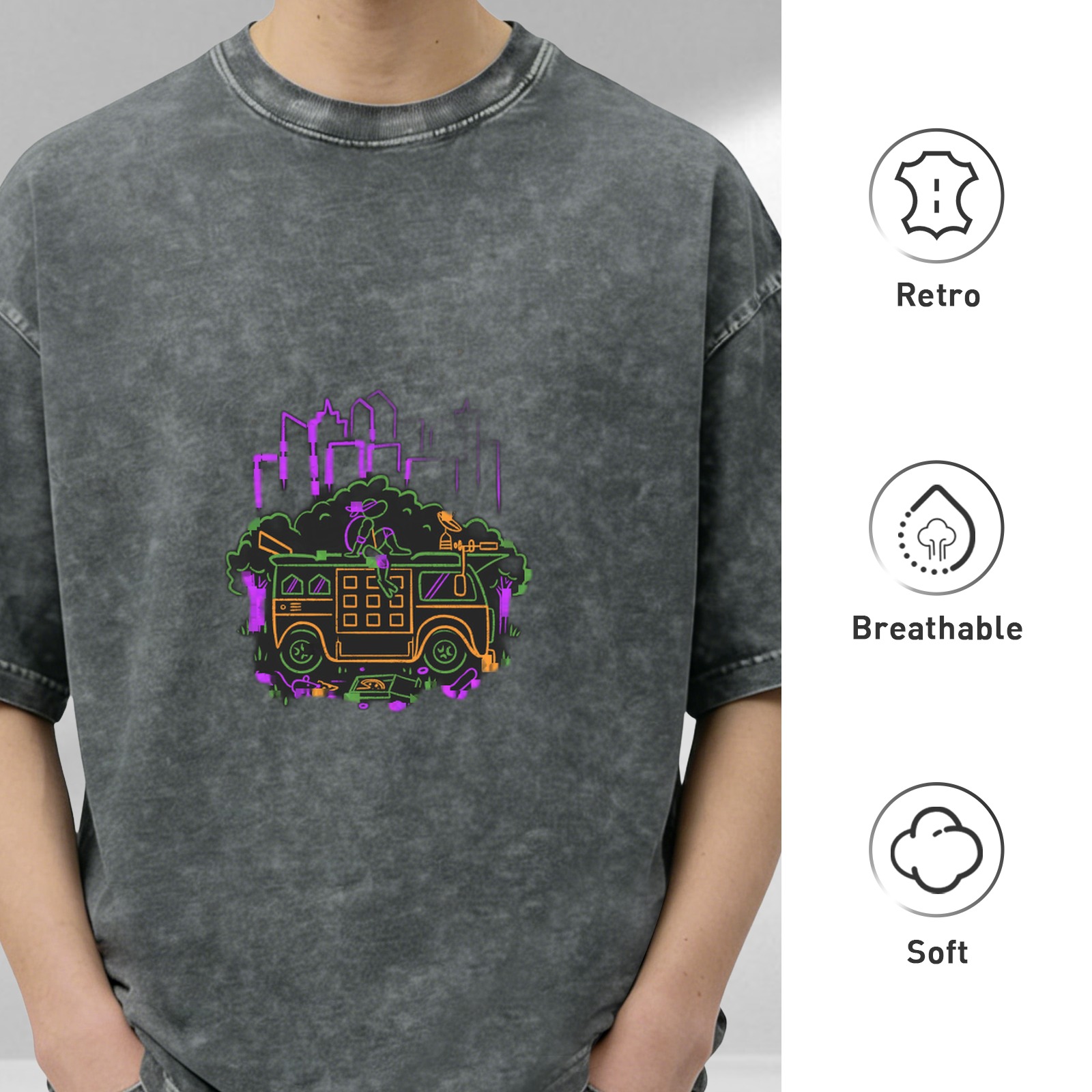 Washed Black Oversized T-Shirt With Neon Turtle Van Graphic