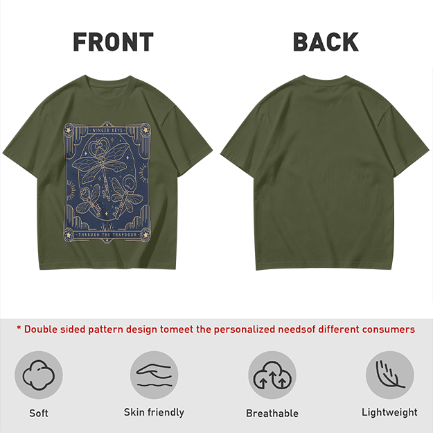 Olive t-shirt with winged keys tarot-style graphic design