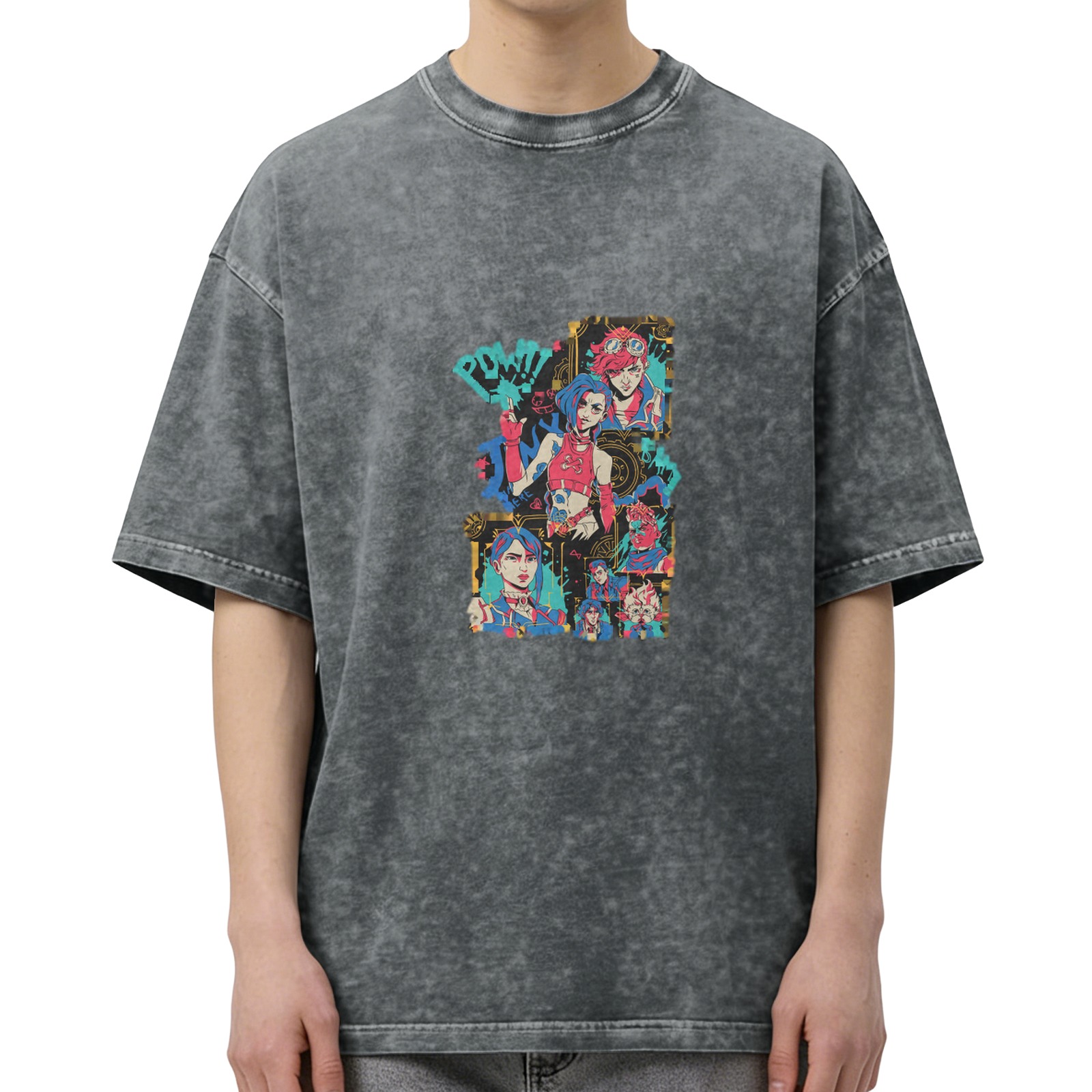 Arcane Jinx and Vi Graphic Washed Black Oversized T-Shirt