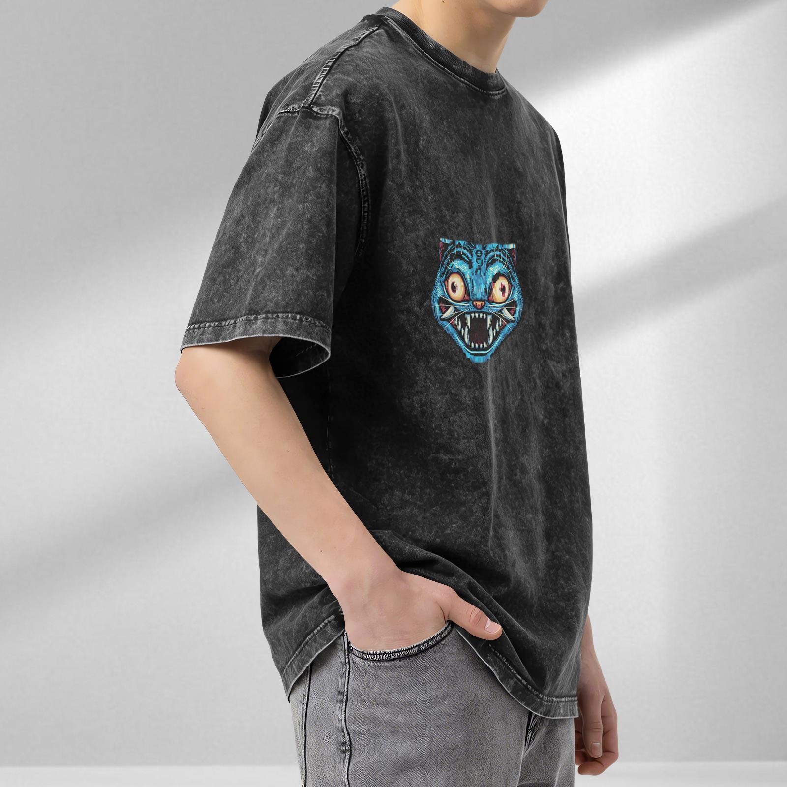 Oversized Acid Wash T-Shirt With Blue Monster Cat Graphic