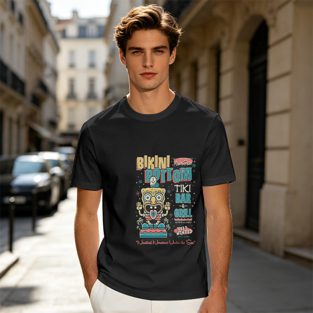 Olive T-Shirt with Bikini Bottom Tiki Bar Spongebob Graphic