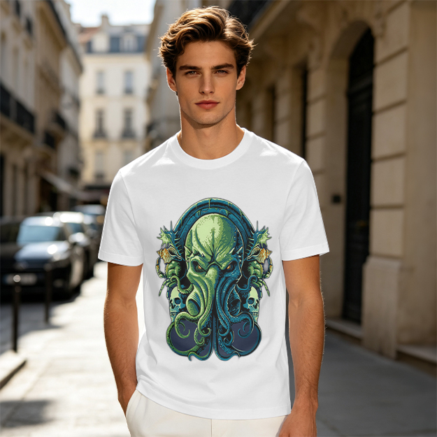 Olive Green T-Shirt With Cthulhu Skull Graphic Print