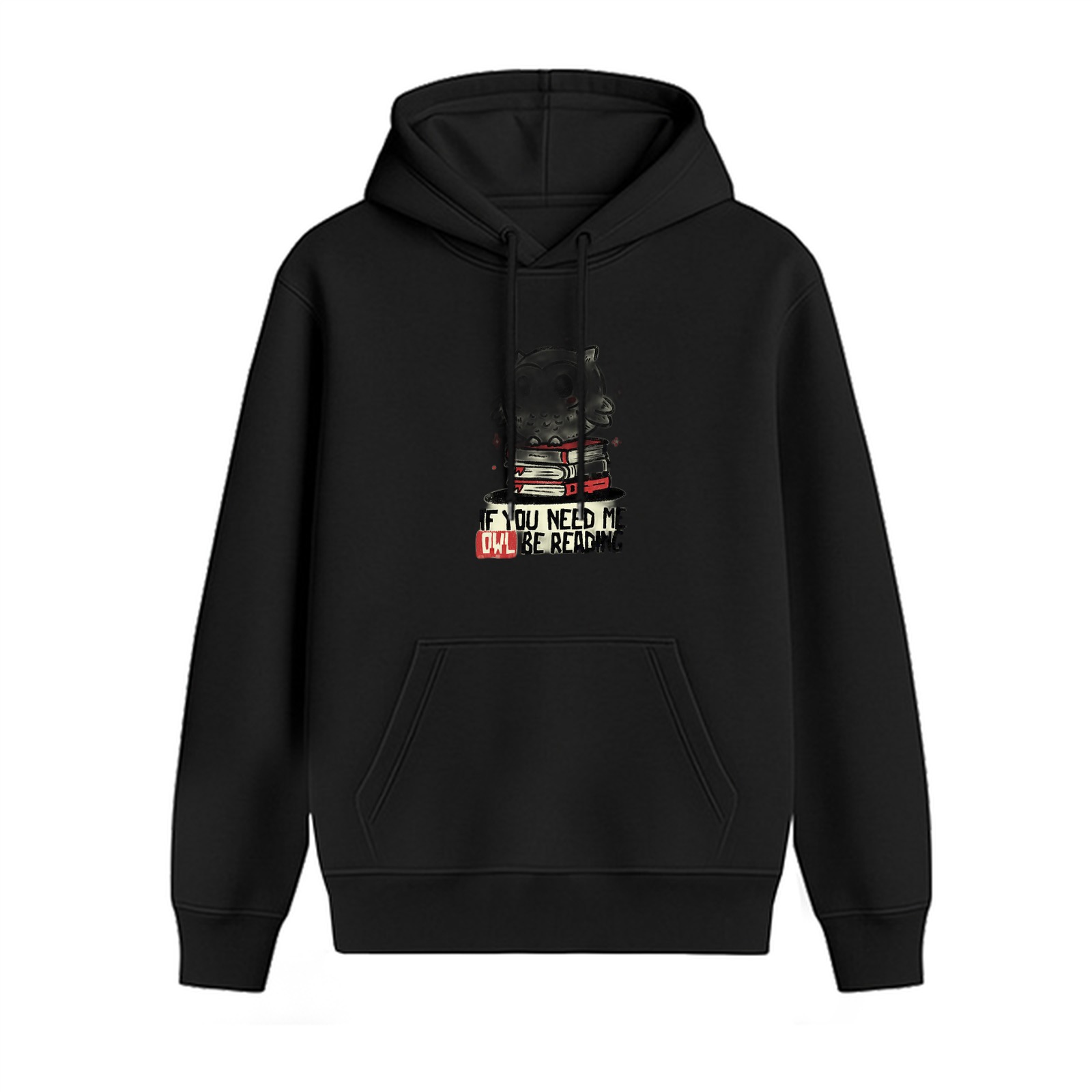 Black hoodie with owl reading books graphic and text