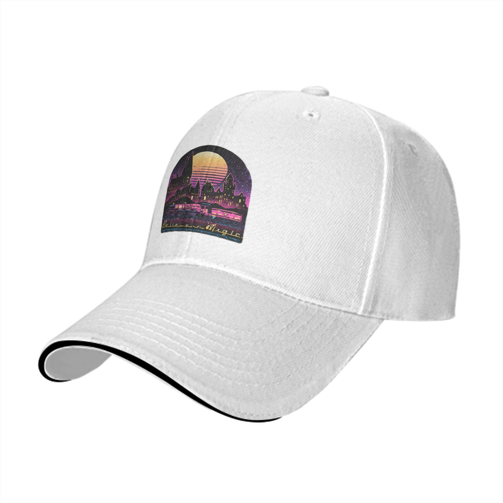 Black Baseball Cap With Neon Magic Castle Sunset Graphic