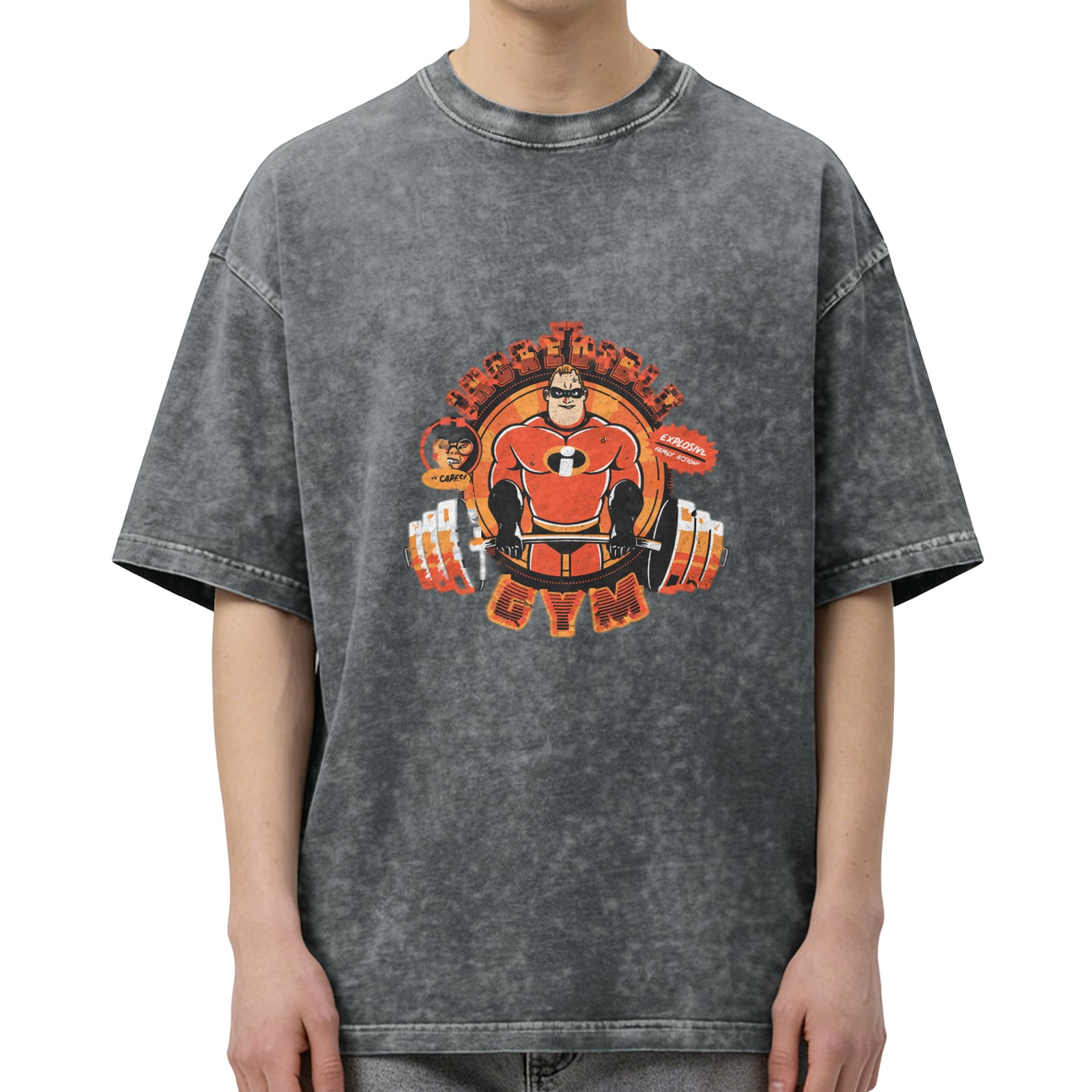 Washed black t-shirt with Incredibles gym weightlifting graphic