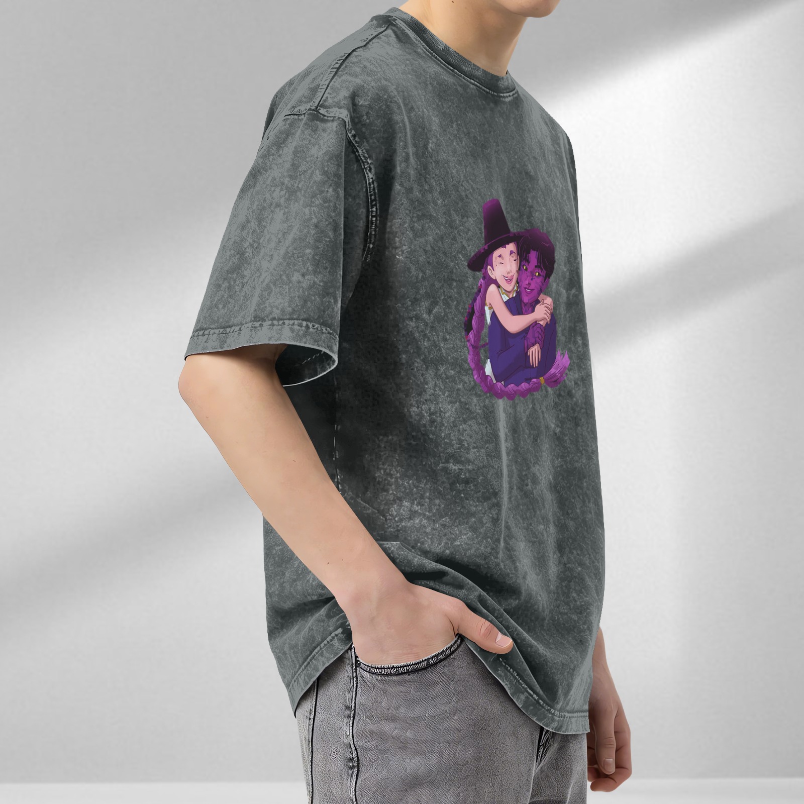 Oversized dark washed graphic tee with anime couple embrace print