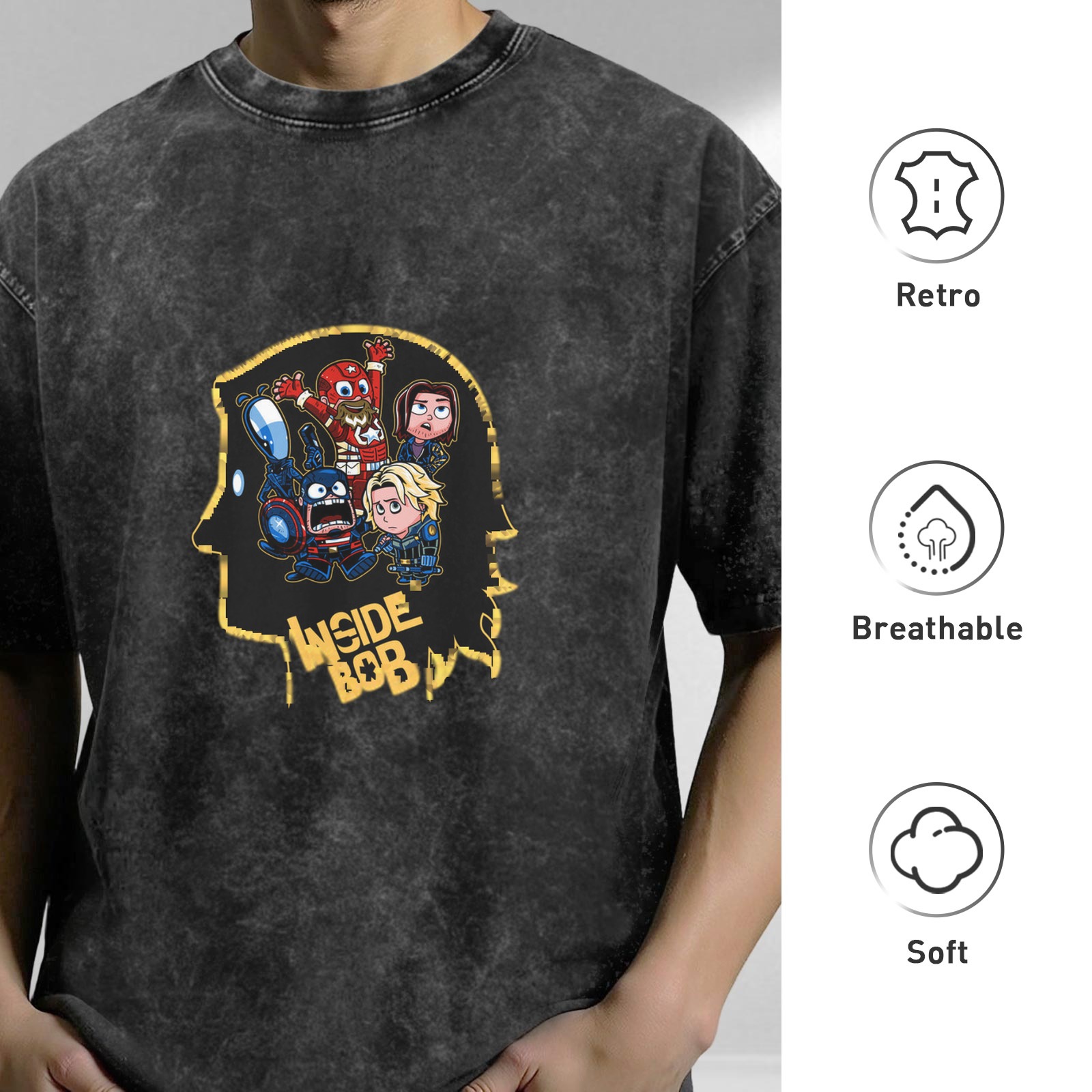Oversized Washed Black T-Shirt With Inside Bob Superhero Graphic