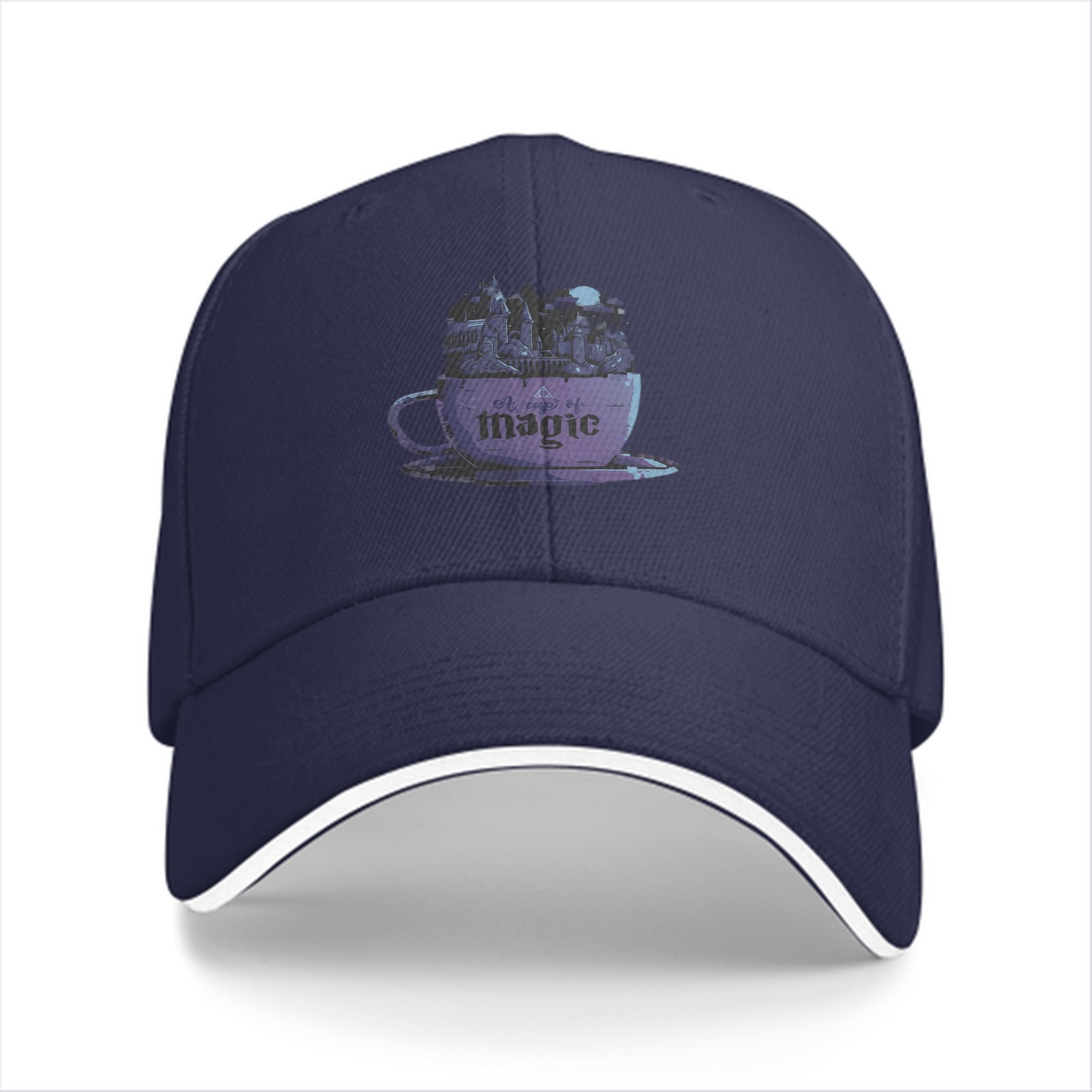 Black baseball cap with purple teacup magic graphic print