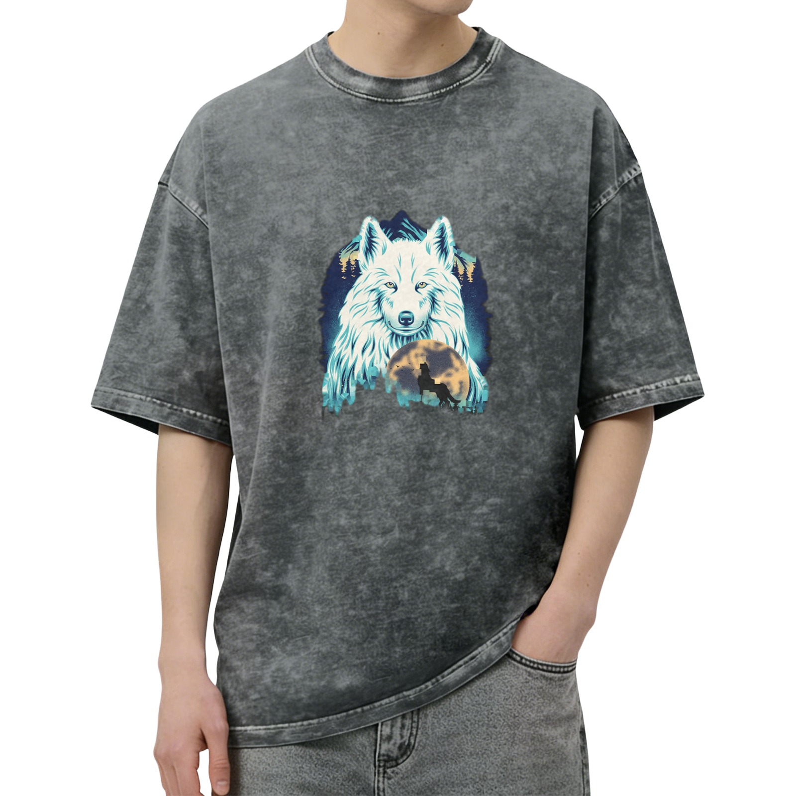 Oversized Dark Wash T-Shirt With White Wolf And Moon Graphic