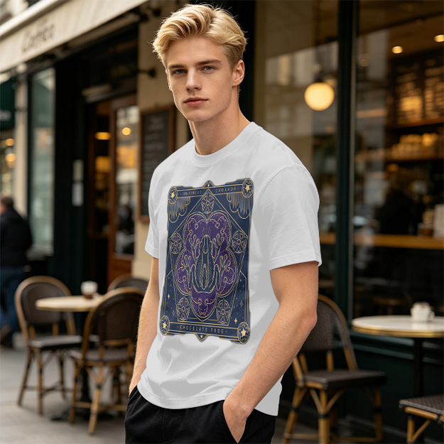 Olive T-Shirt with Mystical Frog Tarot-Style Graphic Print
