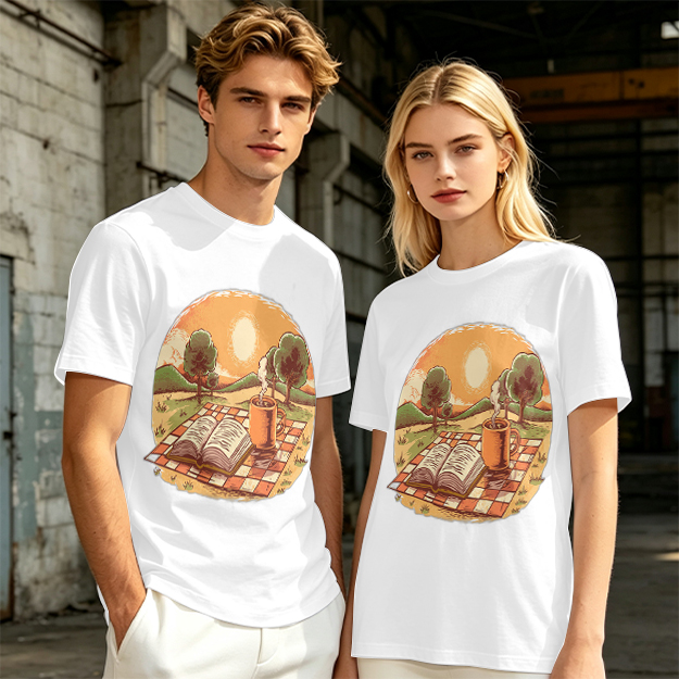 Olive T-Shirt with Sunset Picnic Book and Coffee Art