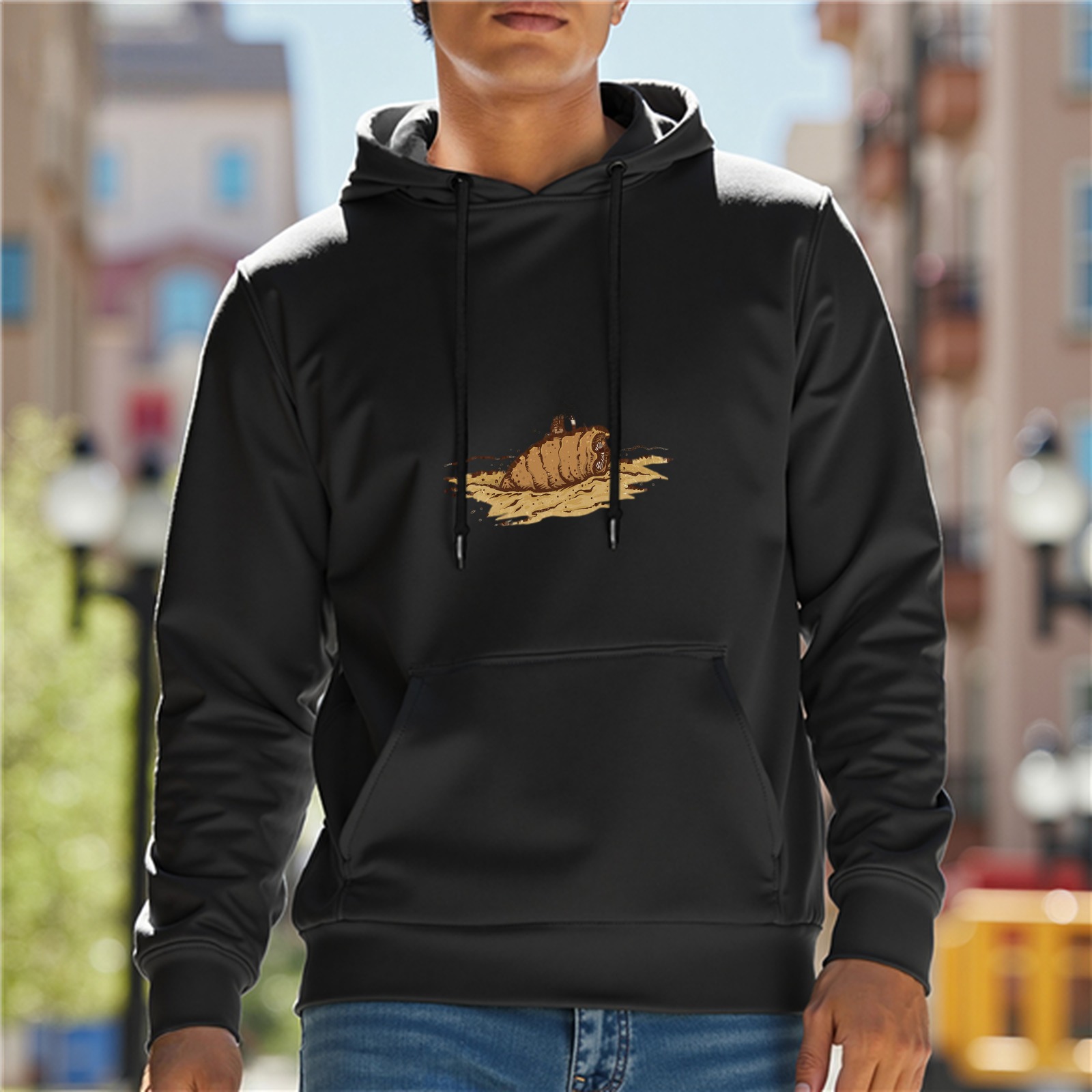 Black hoodie with small sandworm graphic print