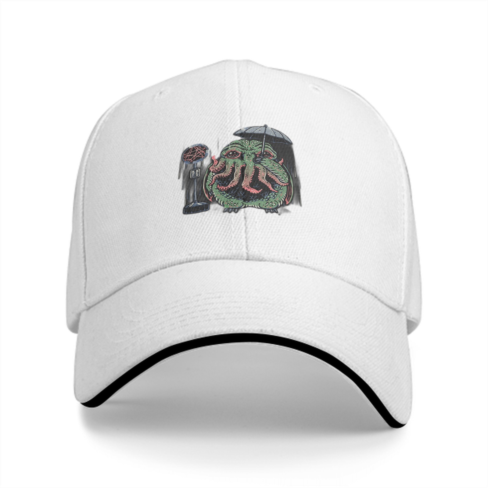 Black Baseball Cap With Cthulhu Holding Umbrella Microphone Print