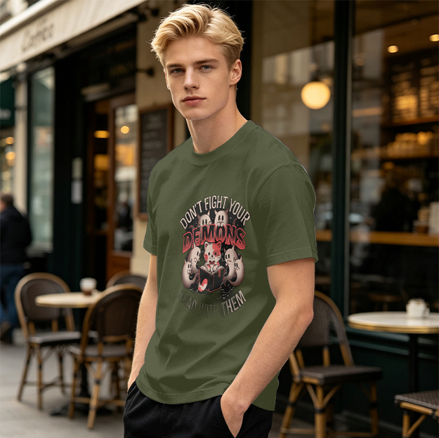 Don't Fight Your Demons Cat Graphic Olive T-Shirt