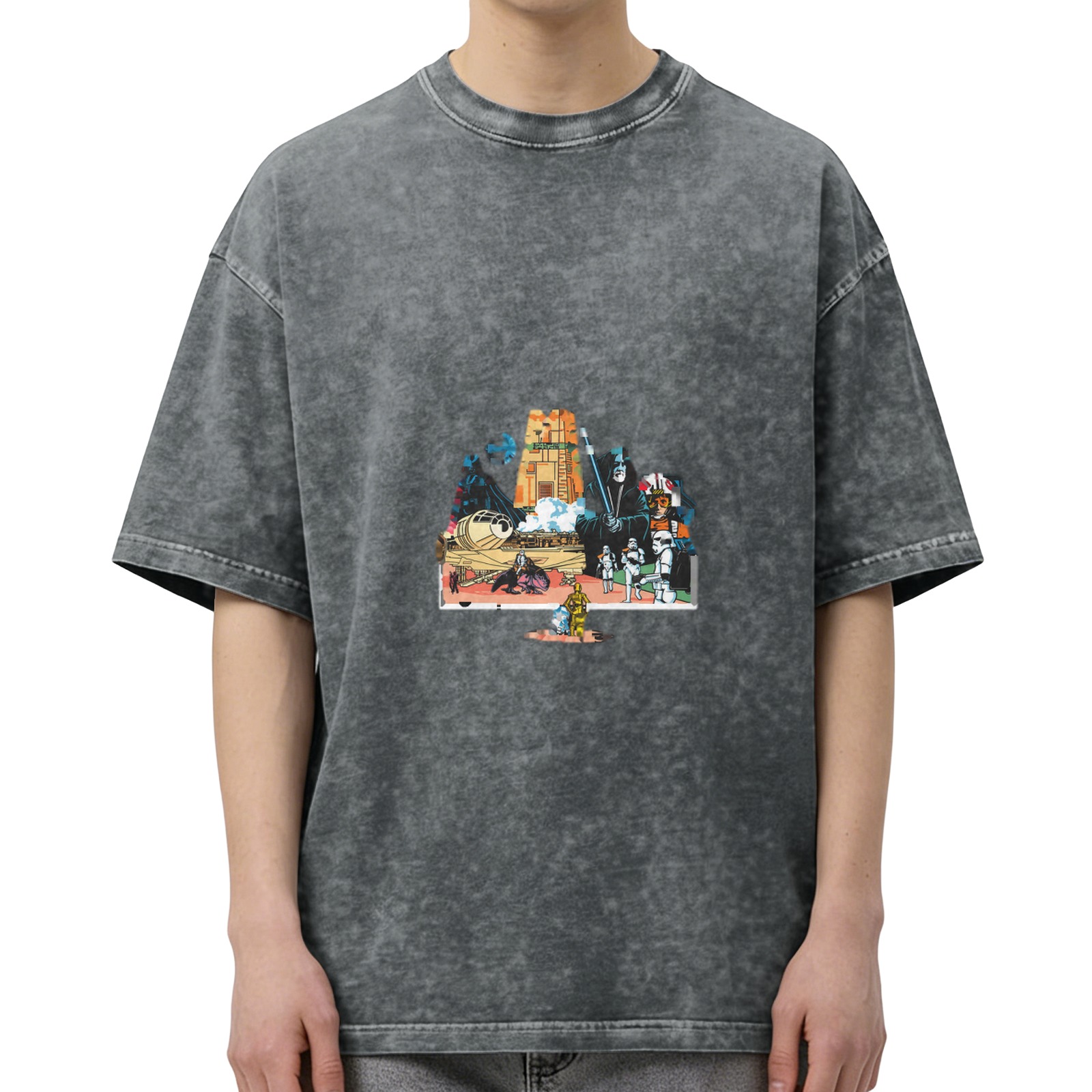 Distressed black Star Wars themed printed short-sleeved T-shirt