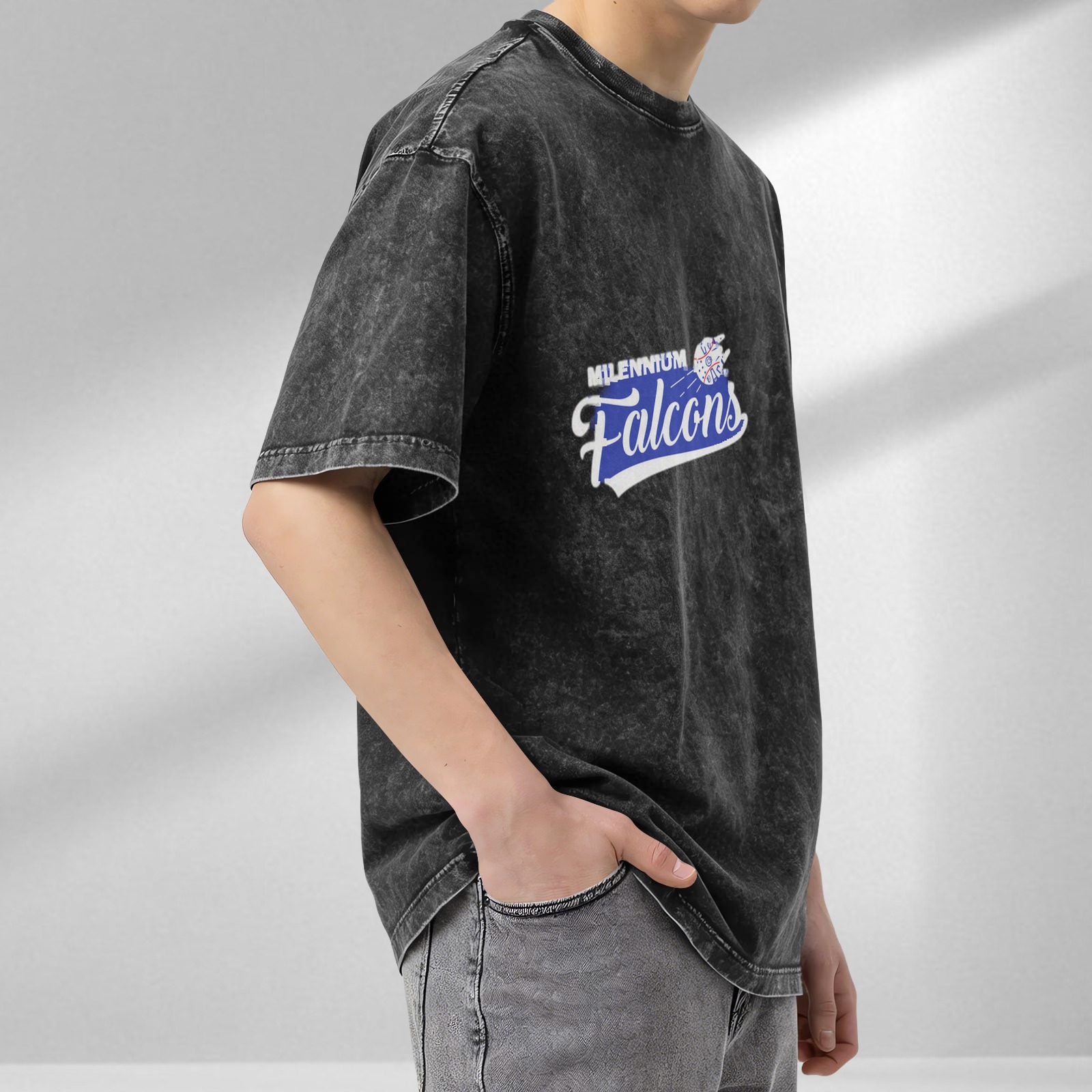 Washed Black Graphic T-Shirt with Millennium Falcons Print