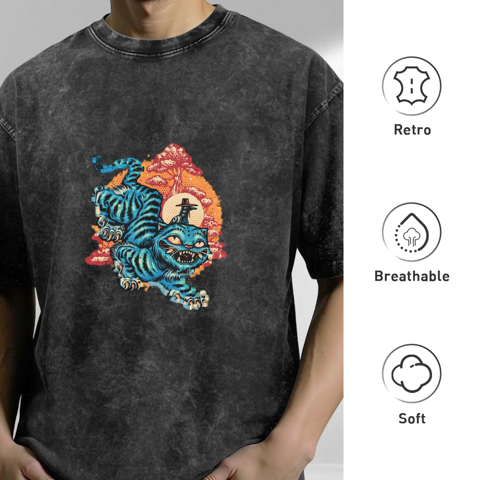 Washed Black T-Shirt With Blue Tiger Japanese Style Graphic