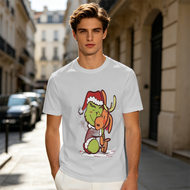 Olive Christmas T-Shirt Featuring Grinch Hugging Max The Reindeer