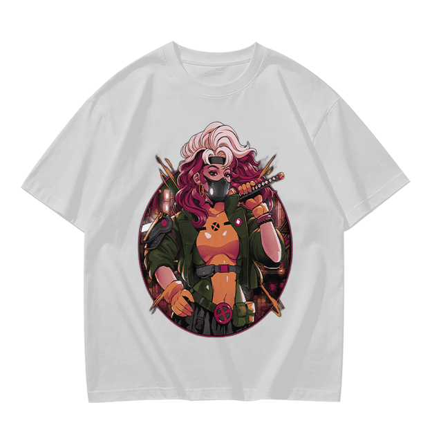 Olive T-Shirt with Anime Cyberpunk Female Warrior Print
