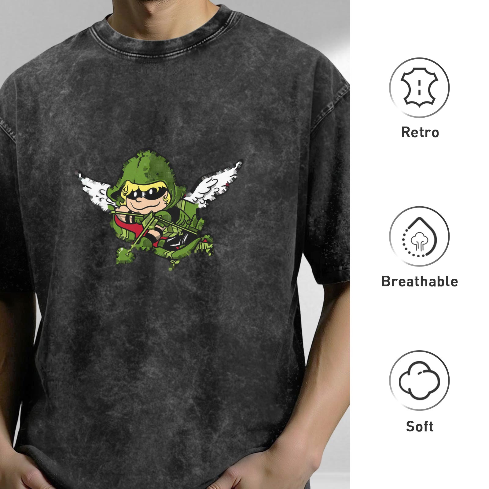 Washed Black T-Shirt With Chibi Green Arrow Angel Print
