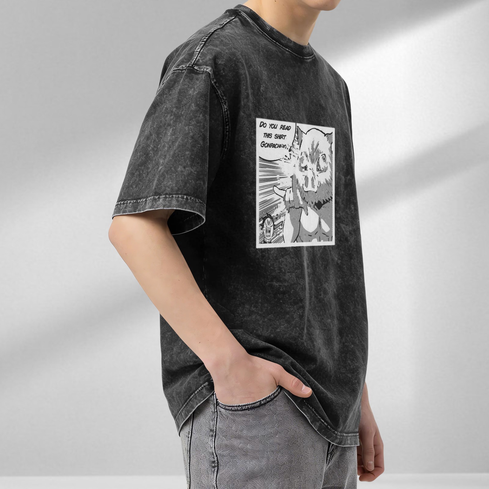 oversized acid wash manga panel t-shirt with do you read this shirt gonpachiro print