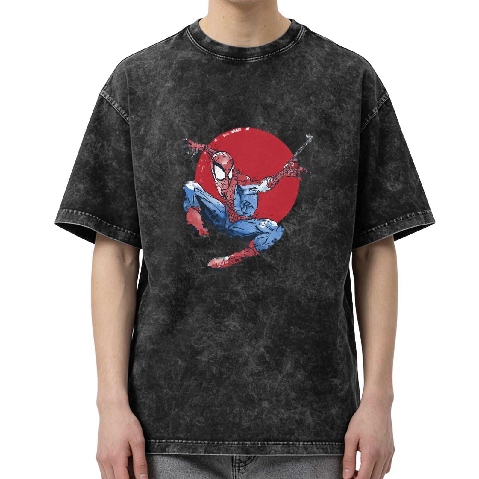 Washed Black Oversized T-Shirt with Spider-Man Red Circle Graphic