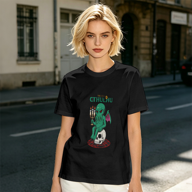 Olive Green Cthulhu Graphic T-Shirt with Skull and Candles