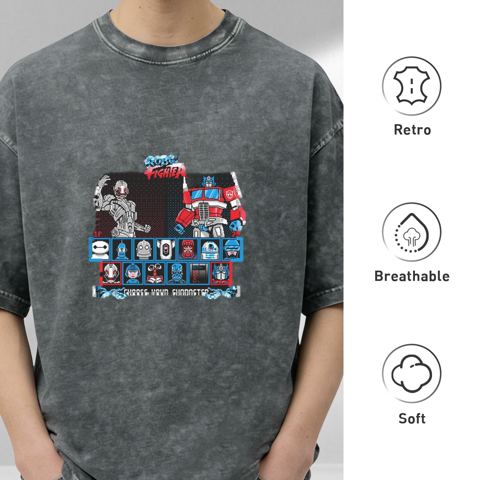 Vintage Washed Black T-Shirt with Robot Fighter Character Select Graphic Design