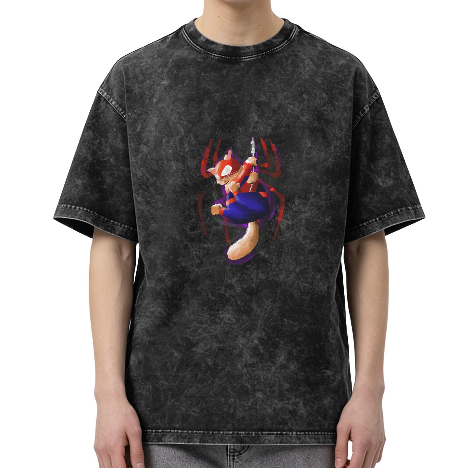 Oversized Acid Wash T-Shirt With Spider Cat Graphic Print
