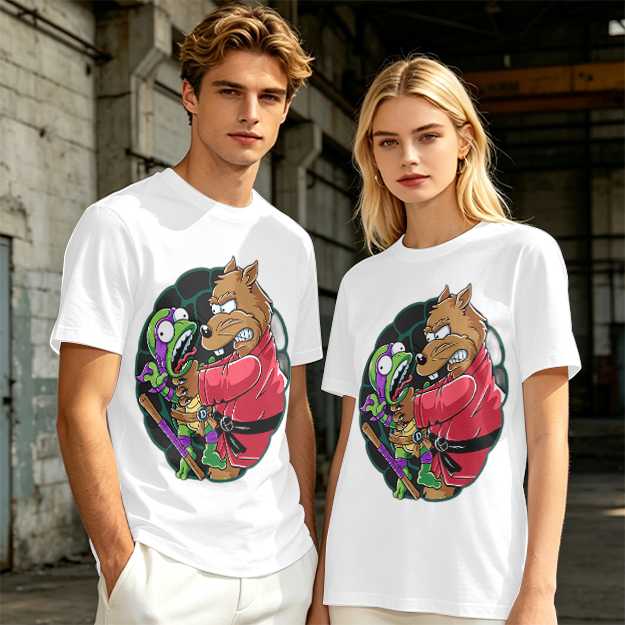 Olive T-shirt with Splinter Grabbing Donatello Ninja Turtle Art