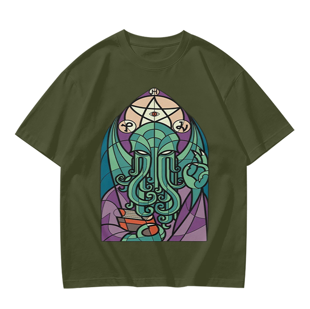 Olive T-Shirt with Stained Glass Style Cthulhu Occult Print
