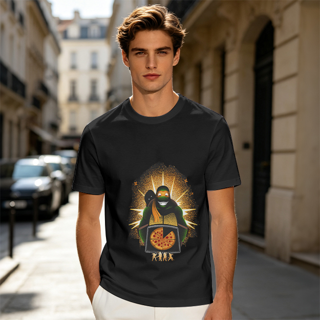 Olive T-shirt with Teenage Mutant Ninja Turtle Pizza Graphic