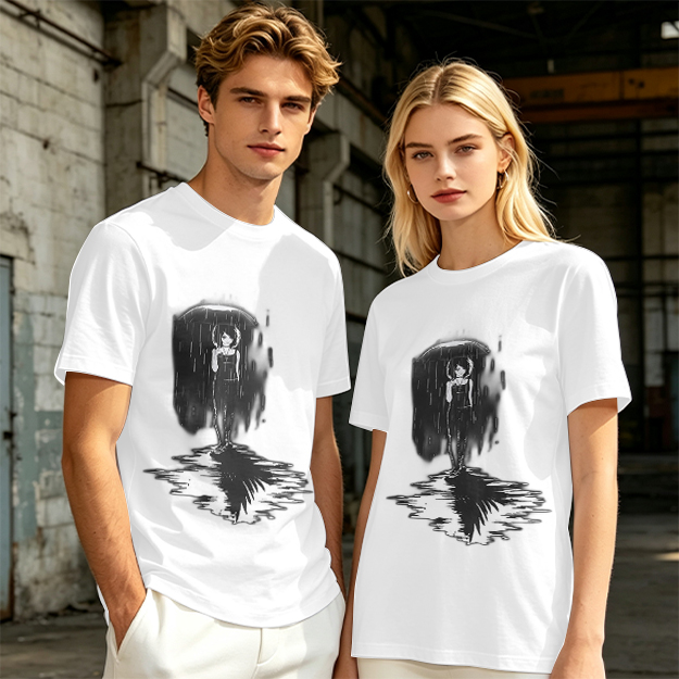 Olive T-Shirt With Rainy Figure And Shadow Graphic Print