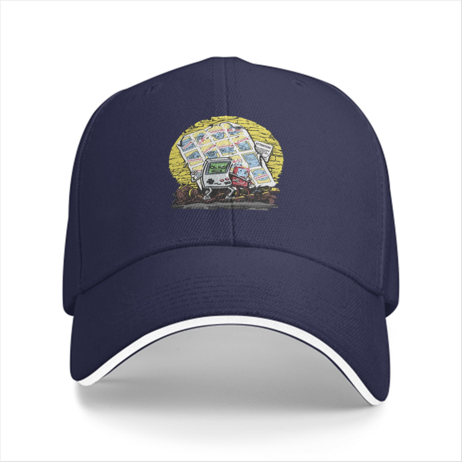 Black Baseball Cap With Retro Handheld Game Characters Graphic